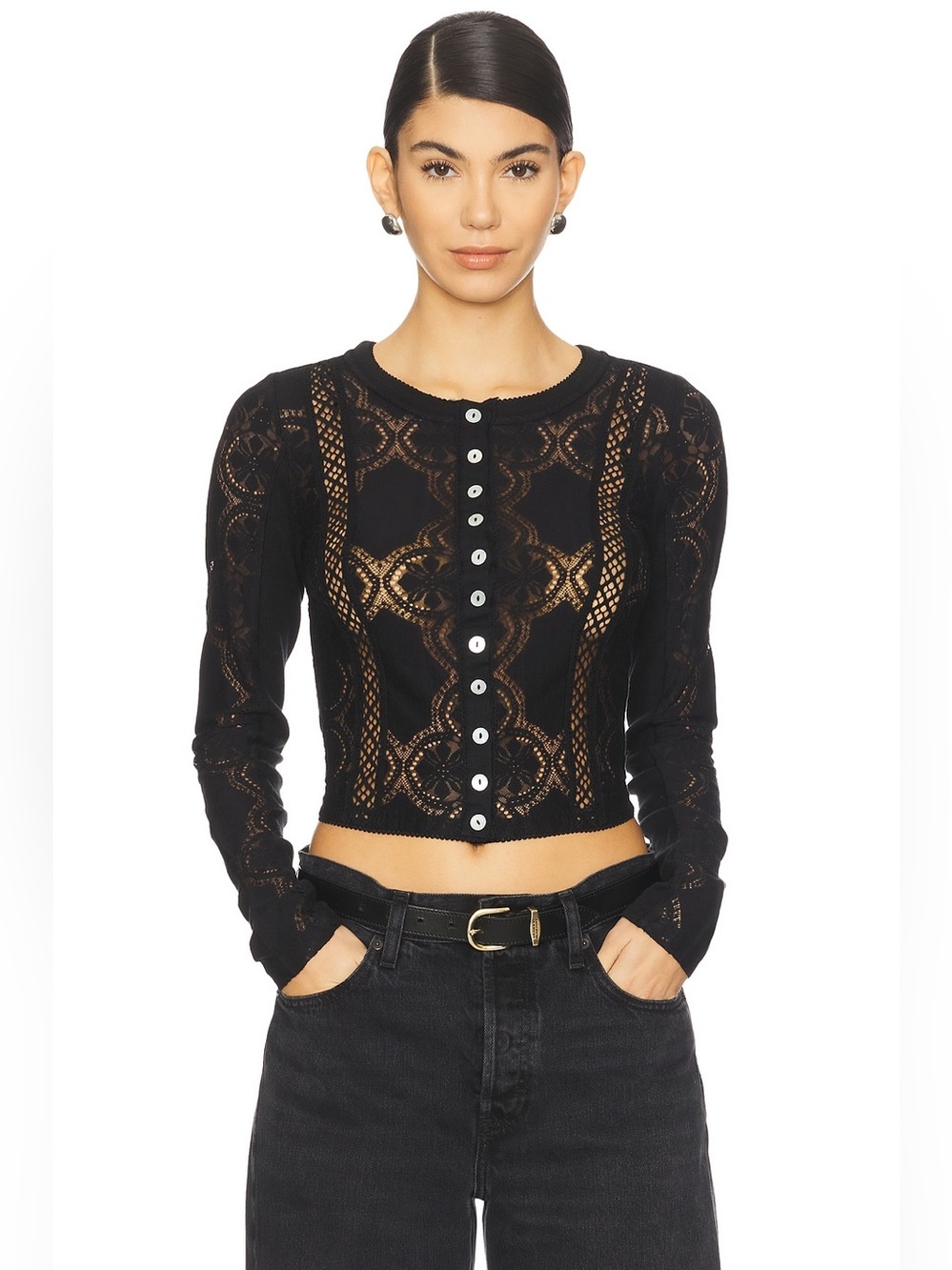 Free People Jae Knit Long Sleeve Black Lace Textile See Through Sheer Revolve